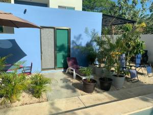 een patio met stoelen en planten voor een huis bij Estudio en “casa Livia” con piscina y jardín. in Mérida