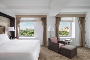 une chambre d'hôtel avec un lit, une chaise et des fenêtres dans l'établissement The Ritz-Carlton New York, Central Park, à New York