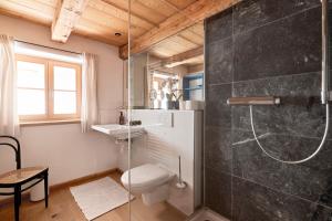 a bathroom with a shower and a toilet and a sink at Lake & Mountain View Villa Tegernsee - including 4 Rooms for Family & Friends in Tegernsee