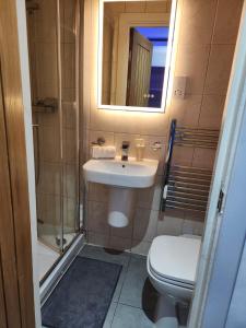 a bathroom with a sink and a toilet and a mirror at Crosskeys Edinburgh in Edinburgh
