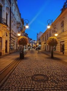 a cobblestone street at night in a city at Apartament Starówka in Nowy Sącz