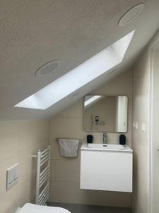 een badkamer met een witte wastafel en een dakraam bij Boarding Suite in Wendlingen am Neckar