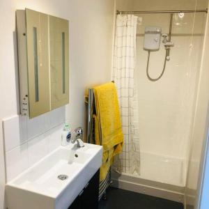 a white bathroom with a sink and a shower at The Annexe - Spacious 2 bedroom detached cottage in Cardigan
