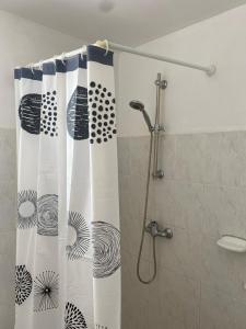eine Dusche mit Duschvorhang im Bad in der Unterkunft KARIFUNA in Le Souffleur
