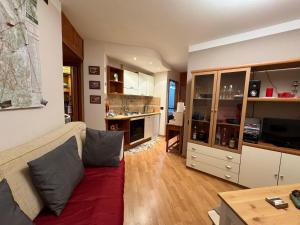 a living room with a couch and a kitchen at Alto Sangro House in Roccaraso