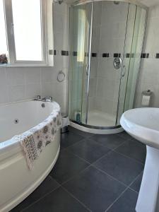 a bathroom with a shower and a tub and a sink at The Lodge, Monkstown in Monkstown