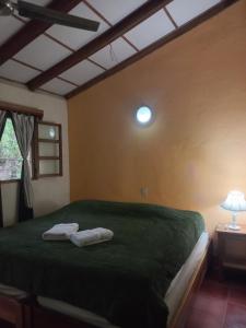 a bedroom with a green bed with towels on it at Hotel Casa Barcelona in Granada