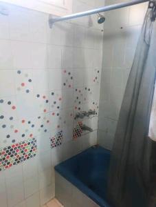 a bathroom with a tub and a shower curtain at Pink house in Buenos Aires