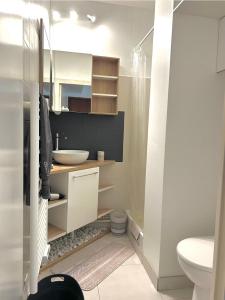 een witte badkamer met een wastafel en een toilet bij LA BAULE : STUDIO MER EN REZ DE JARDIN in La Baule
