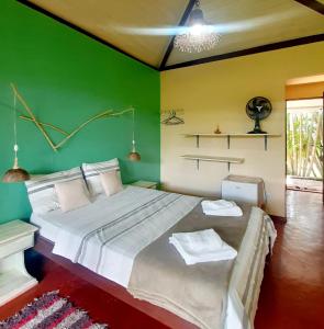 a bedroom with a large bed with a green wall at Pousada Paralelo 14 in Alto Paraíso de Goiás