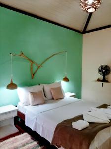 a bedroom with two beds and a green wall at Pousada Paralelo 14 in Alto Paraíso de Goiás
