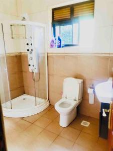 a bathroom with a shower and a toilet and a sink at Reverie Villa in Mutungo