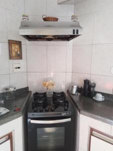 Il comprend une cuisine équipée d'un four et de plaques de cuisson. dans l'établissement Apartamento aconchegante, à Rio de Janeiro
