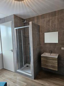 a bathroom with a shower and a sink and a mirror at Tuinen van Genta - Breda City in Breda
