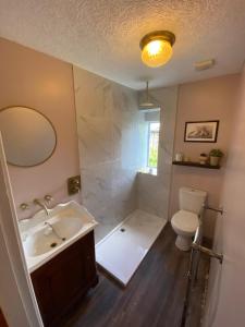 a bathroom with a sink and a toilet and a mirror at The Weavers Cottage in Oxenhope +25 photos