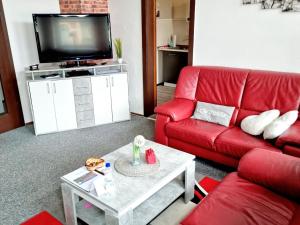 uma sala de estar com um sofá vermelho e uma televisão em Ferienwohnung "Blick Mylau" - Nähe Freizeitpark Plohn & Göltzschtalbrücke em Reichenbach im Vogtland