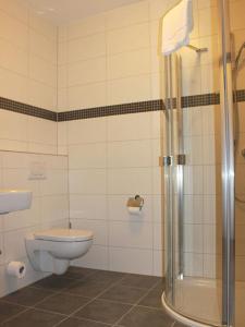 a bathroom with a toilet and a shower at Gästehaus am Reisberg in Gaimersheim