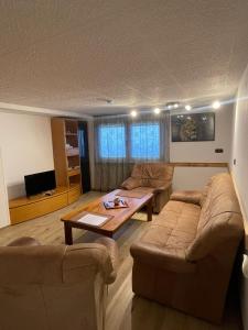 a living room with two couches and a table at Casa Veli Apartments in Offenburg