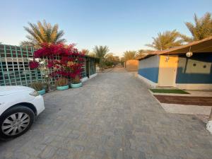 a driveway with potted plants and a fence at private farmhouse Tent Room in Al Rahba