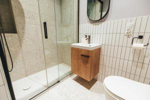 a bathroom with a shower and a sink and a toilet at Stylowy loft w kamienicy przy Dworcu PKP in Radom