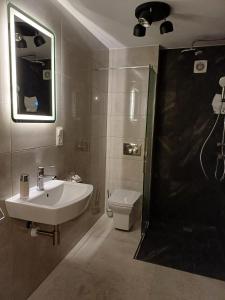 Domki po balu : حمام مع حوض ومرحاض ومرآة