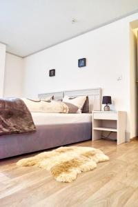 1 dormitorio con 1 cama grande y 1 alfombra en Tripple Room with Bathroom., en Därligen