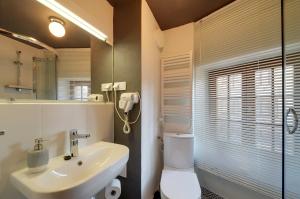 een badkamer met een wastafel, een toilet en een spiegel bij Baszta Grodzka in Jelenia Góra