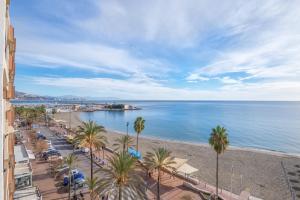 a view of a beach with palm trees and the ocean at Appartement PM 25 in Fuengirola
