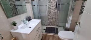 łazienka z toaletą, umywalką i prysznicem w obiekcie Málaga centro bonito apartamento w Maladze +9 zdjęć
