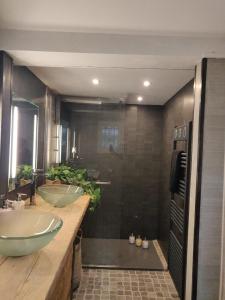 y baño con 2 lavabos y ducha. en La Caravelle - T2 avec 40 m2 Extérieur Détente, en Roquefort-la-Bédoule