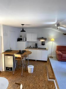 uma cozinha e uma sala de estar com uma mesa e um sofá em Studio Orgelet-Lac de Vouglans em Orgelet