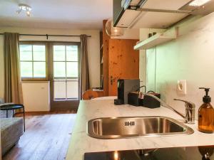 cocina con fregadero y encimera en Bergsonne Apartment mit Parkplatz, en Innsbruck