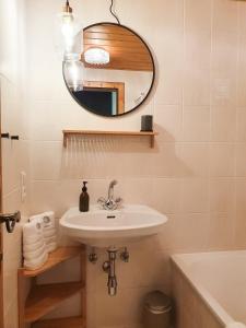 a bathroom with a sink and a mirror at Bergsonne Apartment mit Parkplatz in Innsbruck