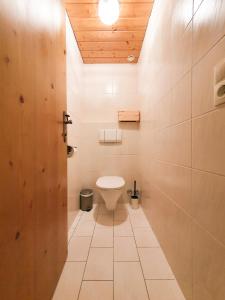 a bathroom with a toilet and a wooden ceiling at Bergsonne Apartment mit Parkplatz in Innsbruck