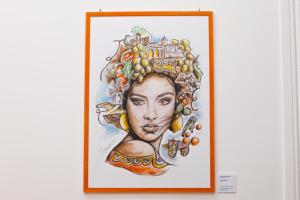 een tekening van een vrouw met fruit op haar hoofd bij SERENA PALACE SUPERIOR ROOMS in Mazara del Vallo