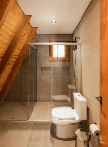 La salle de bains est pourvue de toilettes et d'une douche en verre. dans l'établissement Chalé Seiva da Terra, à Pinto Bandeira