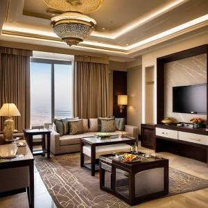 Almouj Hotel في مسقط: غرفة معيشة بها أريكة وتلفزيون