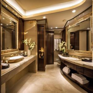 a bathroom with two sinks and a large mirror at Almouj Hotel in Muscat