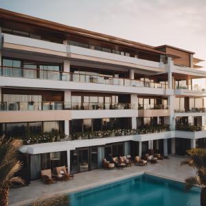 an exterior view of a building with a swimming pool at Almouj Hotel in Muscat