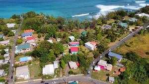 an aerial view of a neighborhood with houses and the ocean at Fish Tobago Guesthouse or Joy and Brandon Guesthouse in Buccoo