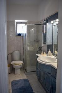 a bathroom with a toilet and a sink and a shower at Aegean Aura Apartment III in Kalymnos +17 photos