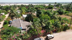 una vista aérea de una casa con palmeras y flores en Chez John et Élisa en Ndangane