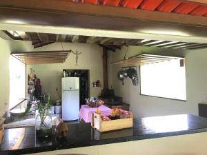 サン・ロケ・デ・ミナスにあるChalé da Mataのキッチン(冷蔵庫付きのカウンタートップ付)