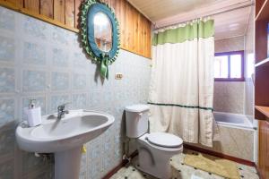 Un baño con lavabo, inodoro y espejo. en Hospedaje Isla Talcan, en Dalcahue