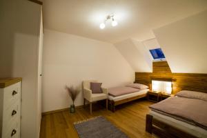 um quarto com duas camas e uma cadeira e uma janela em Chata Schwarzbach Osrblie em Osrblie