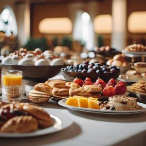 a table filled with plates of pastries and desserts at Almouj Hotel in Muscat