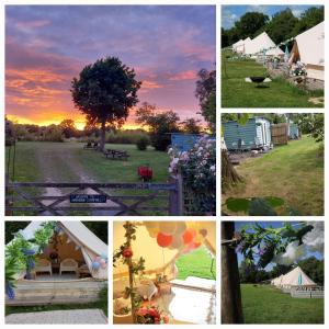 a collage of pictures of tents and a sunset at Hopgarden Glamping - Luxury 6m bell tent in Wadhurst
