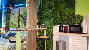 a room with a green wall with tables and chairs at Cap Jungle Evasion: Cinema Netflix King size in Limoux