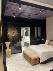 1 dormitorio con 1 cama grande y espejo grande en Piso en el centro, Lujos a tu alcance, NYC, en Zaragoza