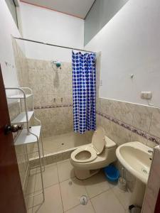 a bathroom with a shower and a toilet and a sink at Yachanapaq Wasi I in Huanta